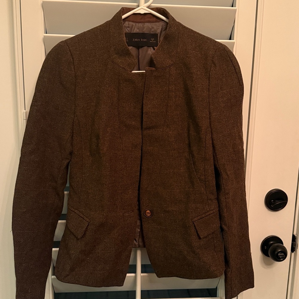 Zara Basic brown wool blend fitted single button blazer with elbow patches sz S